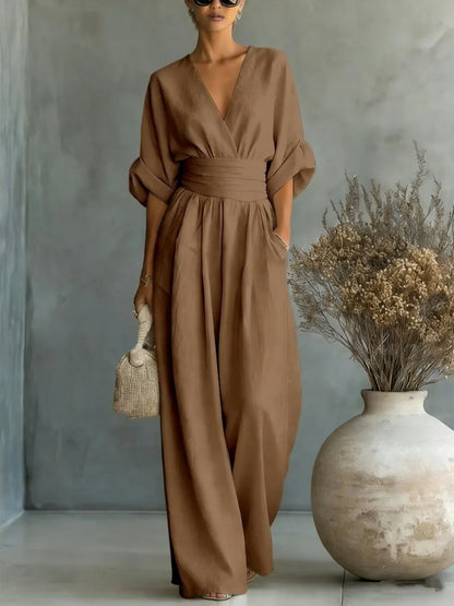 Sophia Merriweather Wide-Leg Linen Jumpsuit with Wrap Waist Tie