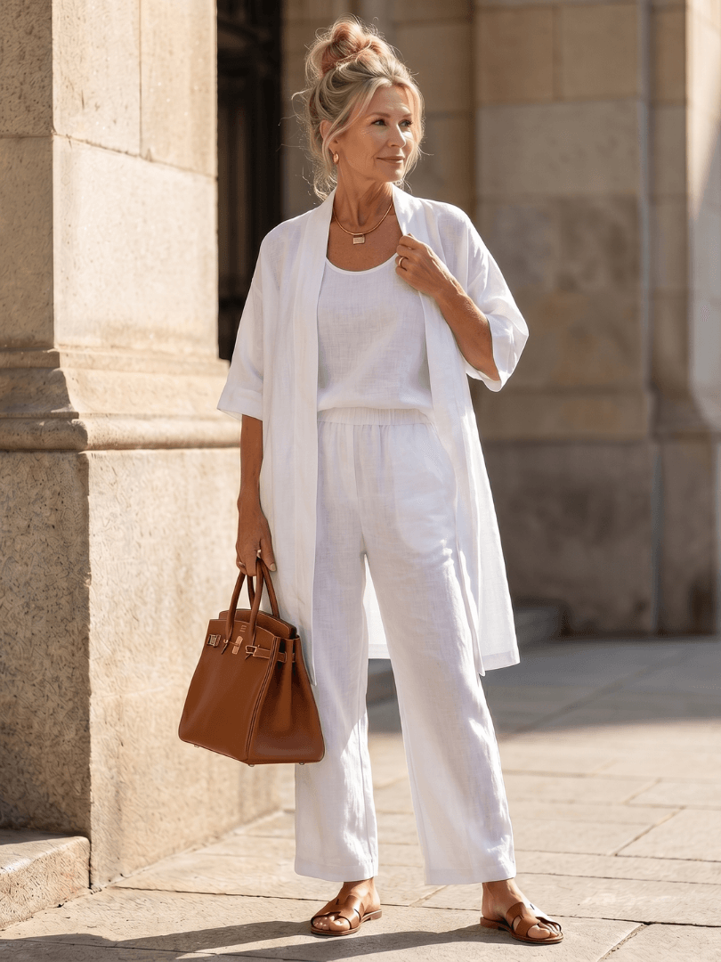Linen Wide-Leg Pant and Duster Jacket Women's Two-Piece Co-Ord Set