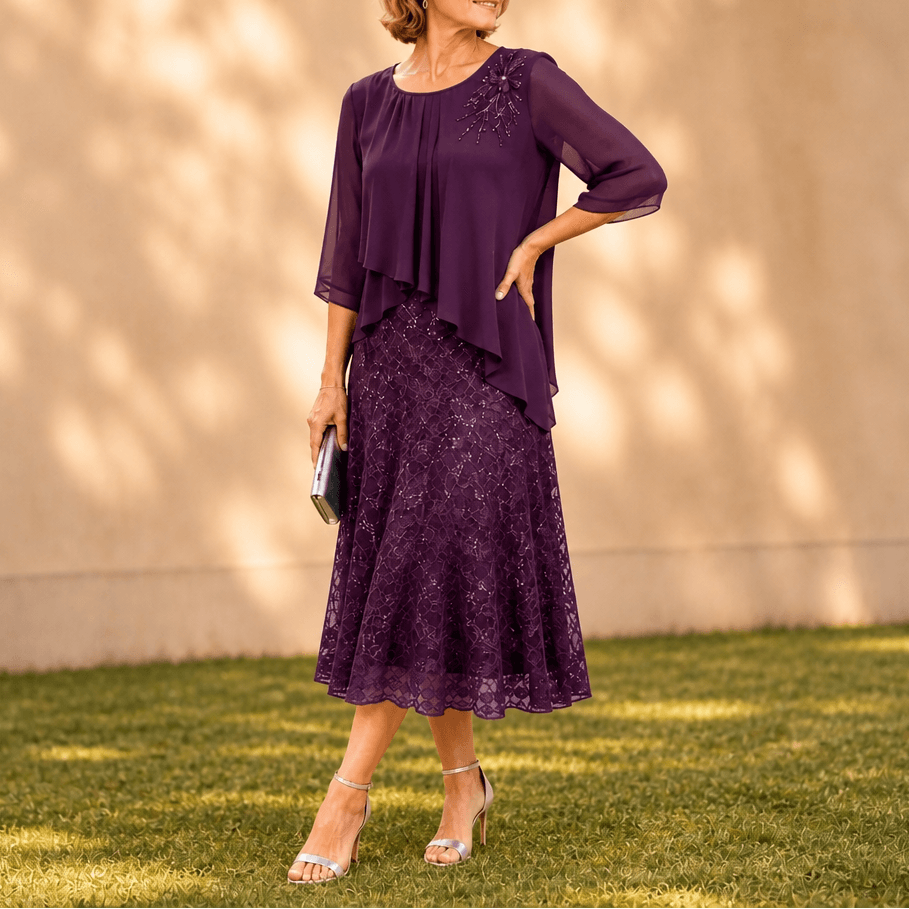 Elavine Layered Chiffon Lace Overlay Women's Midi Dress with Sheer Sleeves