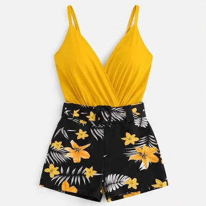 Wrap V-Neck Cami and Floral High-Waist Belted Shorts Set