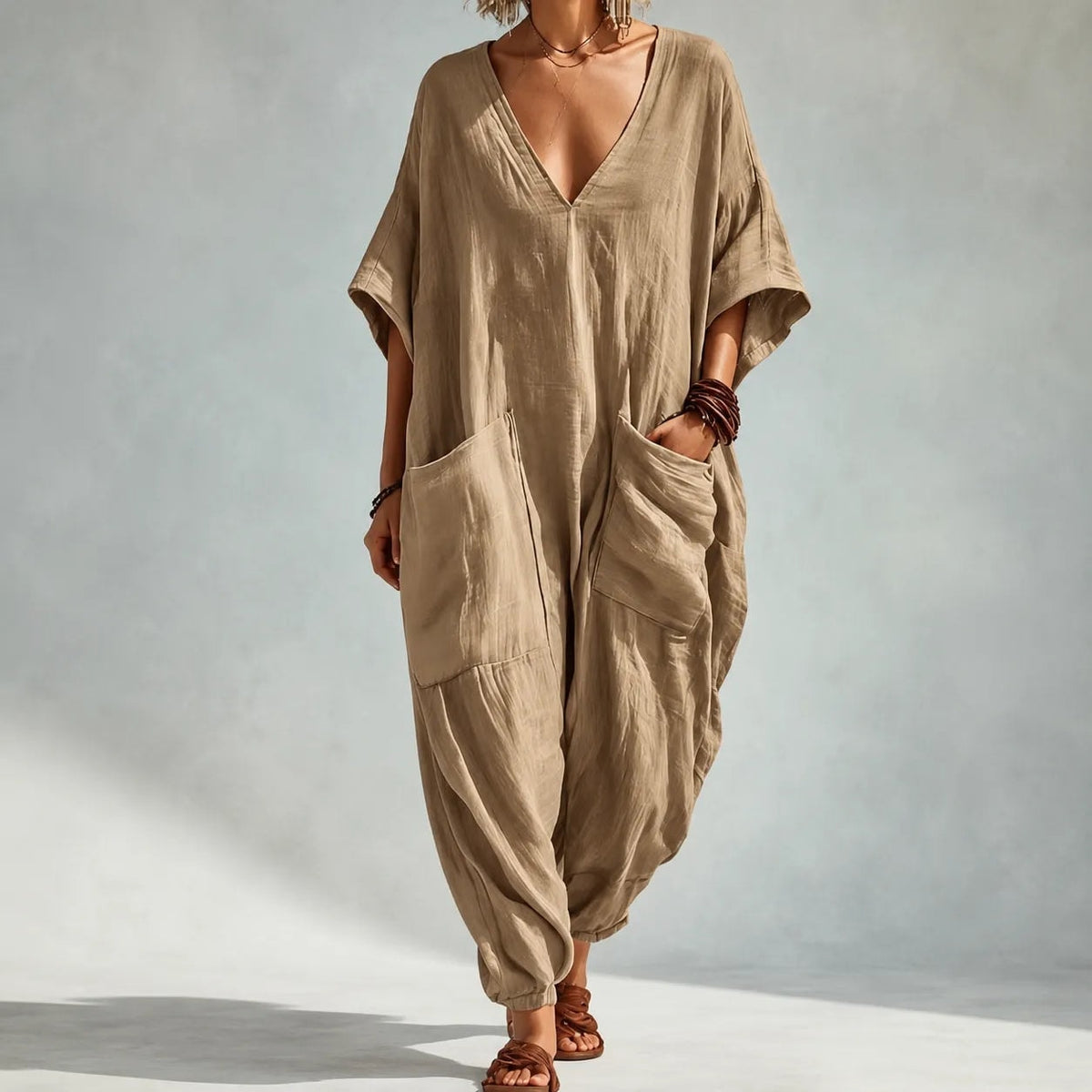 Women's Loose V-Neck Batwing Sleeve Jumpsuit with Deep Pockets