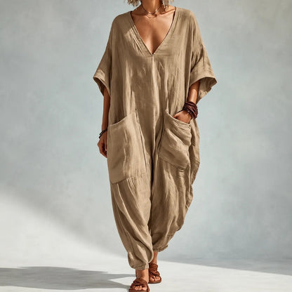 Women's Loose V-Neck Batwing Sleeve Jumpsuit with Deep Pockets
