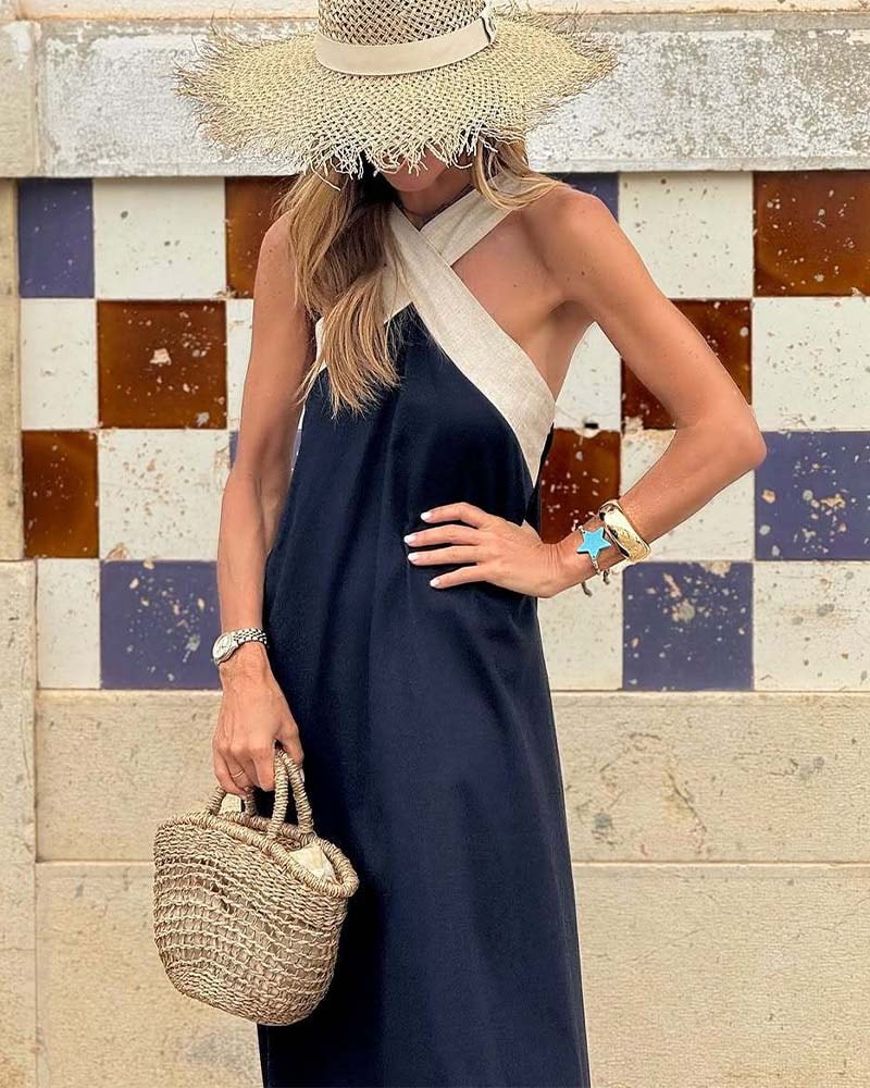 Sleeveless Crossover Halter Linen Summer Maxi Dress with Flowing Skirt