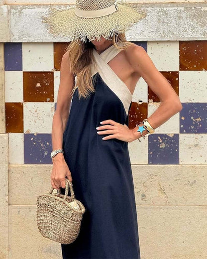 Sleeveless Crossover Halter Linen Summer Maxi Dress with Flowing Skirt