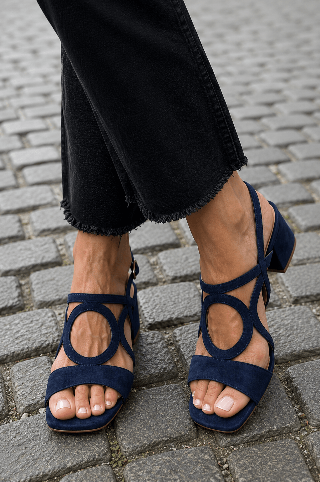 Women's Cushioned Suede Block Heel Sandals with Round Cutout Detail