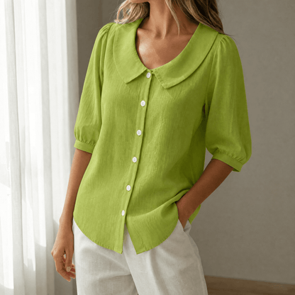 Peter Pan Collar Button-Up Top with Puff Sleeves for Women
