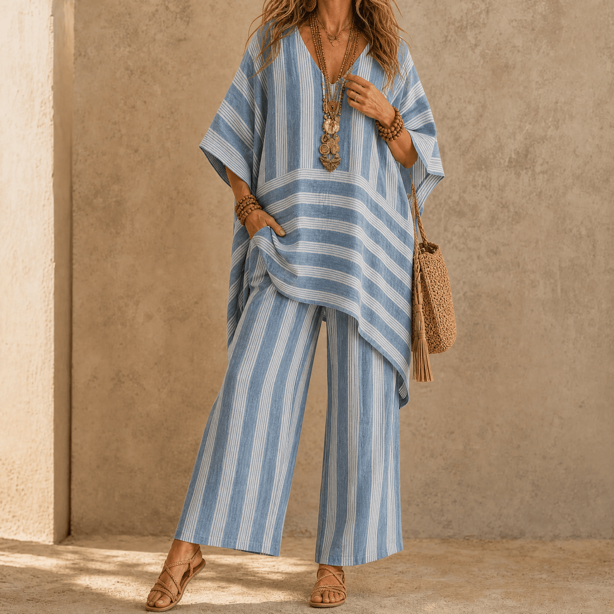 Iluma Striped Half-Sleeve Tunic Top for Women in Boho Style