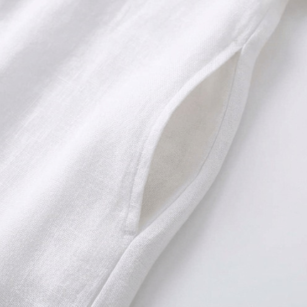 Women's Linen Summer Midi Dress with Roll-Up Sleeves and Side Pockets