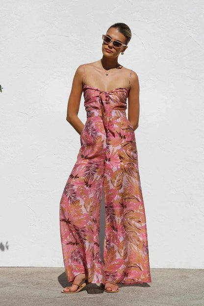 Women's Tie-Front Wide-Leg Linen-Blend Jumpsuit with Side Pockets