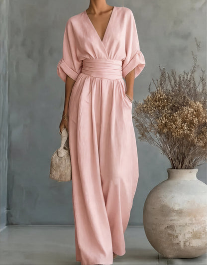 Linen V-Neck Wide-Leg Jumpsuit with Wrap Front and Short Sleeves