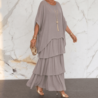 Marella Tiered Chiffon Midi-to-Maxi Dress with Batwing Sleeves