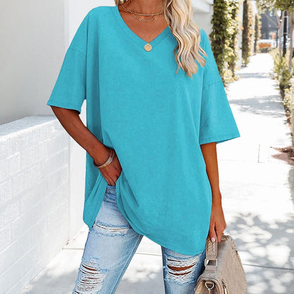 Oversized Cotton V-Neck Short Sleeve Top for Women