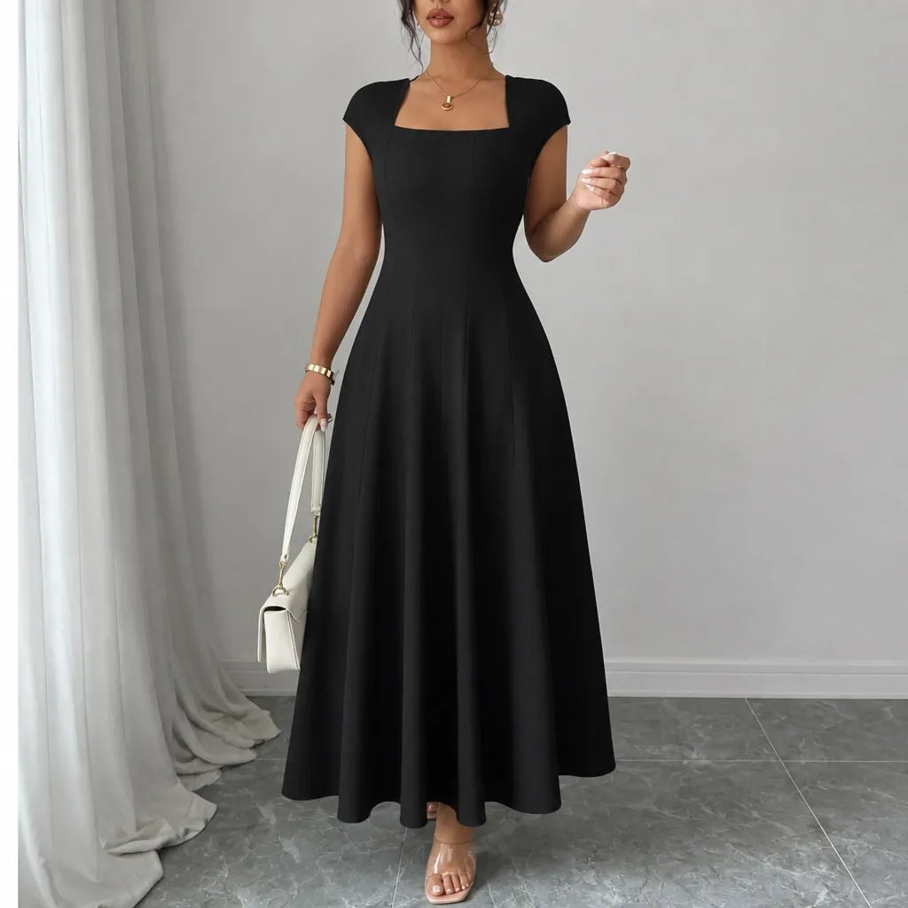 Elowyn Square Neck A-Line Women's Midi Dress with Sculpted Waist Seams