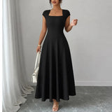 Elowyn Square Neck A-Line Women's Midi Dress with Sculpted Waist Seams