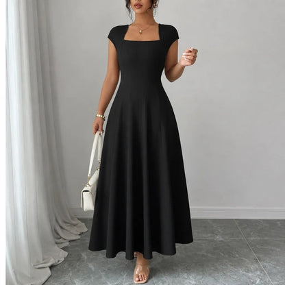 Elowyn Square Neck A-Line Women's Midi Dress with Sculpted Waist Seams
