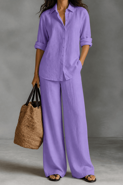 Women's Linen Shirt and Wide-Leg Tailored Trouser Two-Piece Set