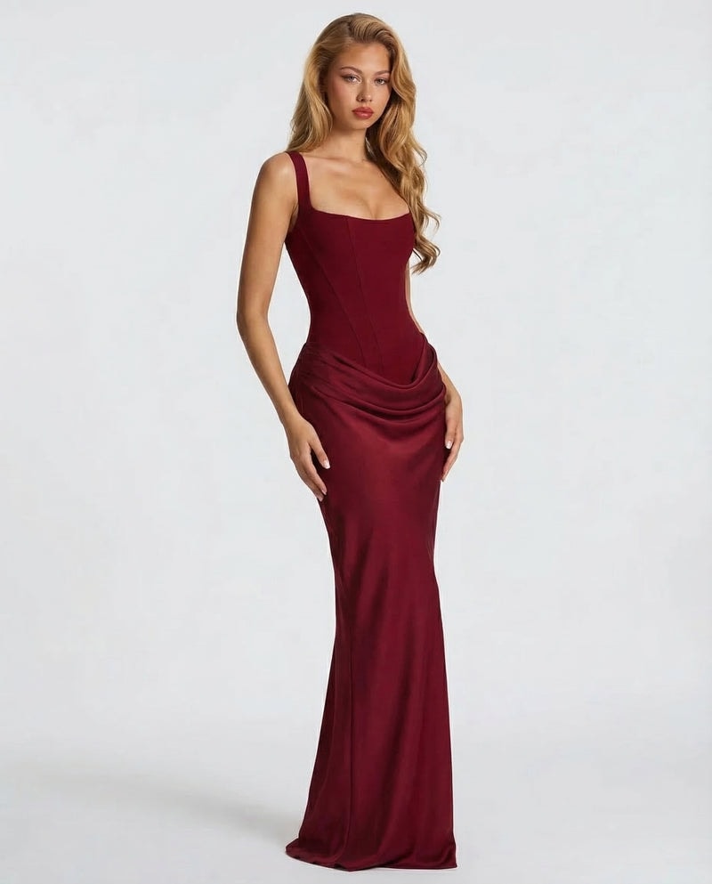 Sienna Laurent Satin Corset Maxi Dress with Draped Detail