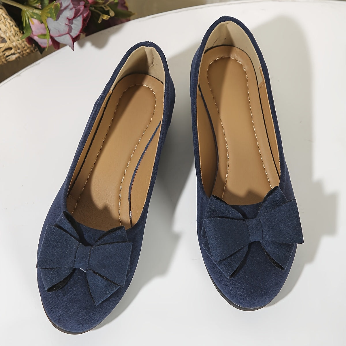 Maisie Faux Suede Slip-On Wedge Ballet Flats with Bow and Rounded Toe