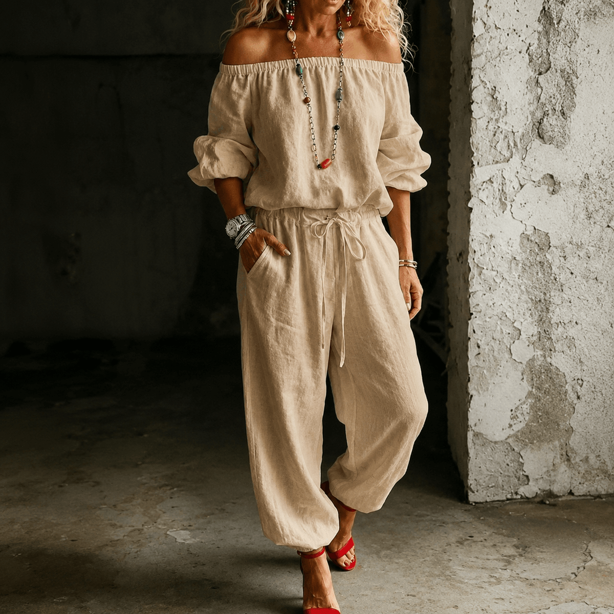 Off-Shoulder Two Piece Co Ord Set with Drawstring Waist Pants