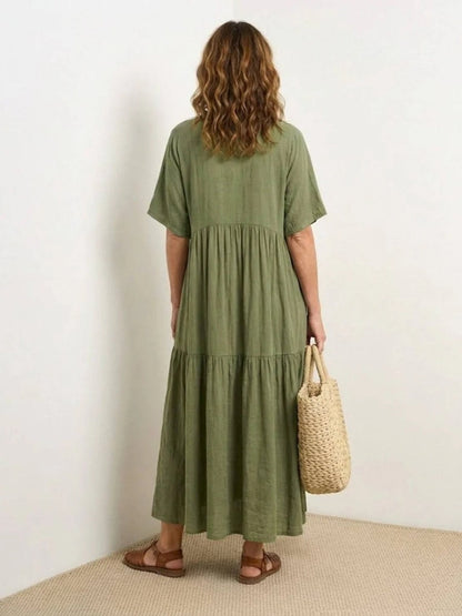 Women's Tiered Ruffle V-Neck Midi Dress with Short Sleeves in Polyester