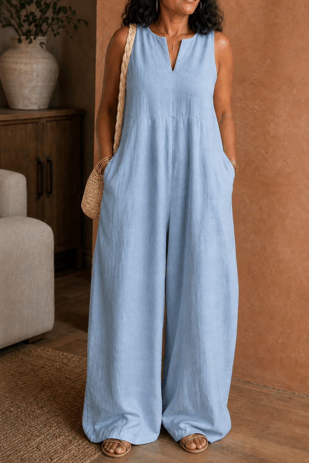 Women's Wide-Leg V-Neck Linen-Look Jumpsuit with Pockets