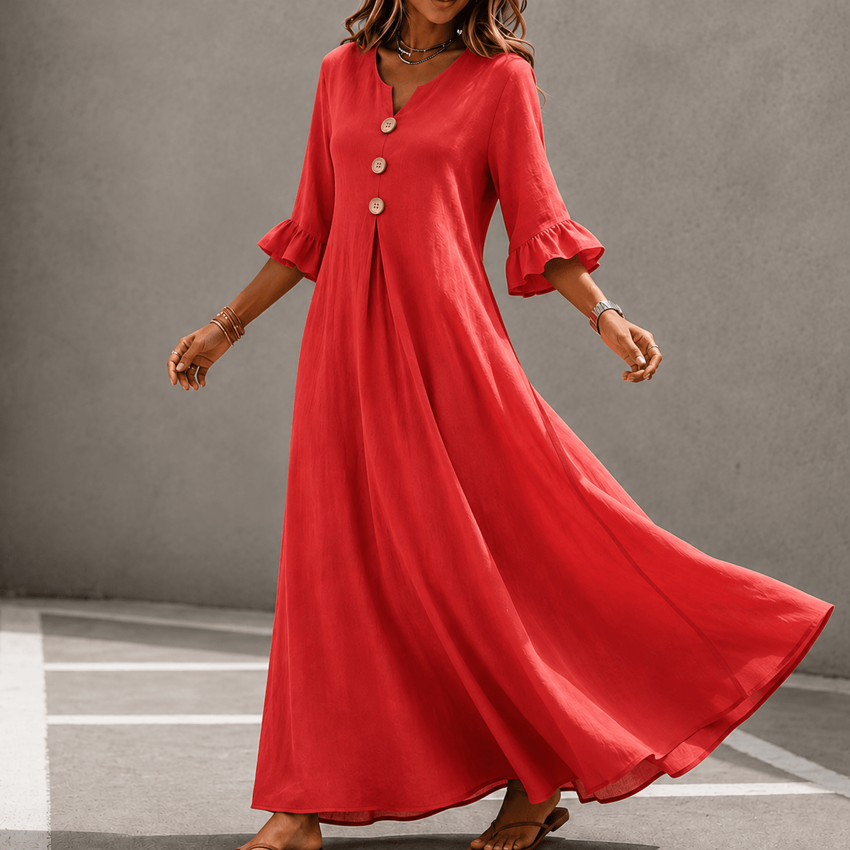 Marellia Flowy Linen-Look V-Neck Summer Maxi Dress with Ruffle Sleeves and Pockets