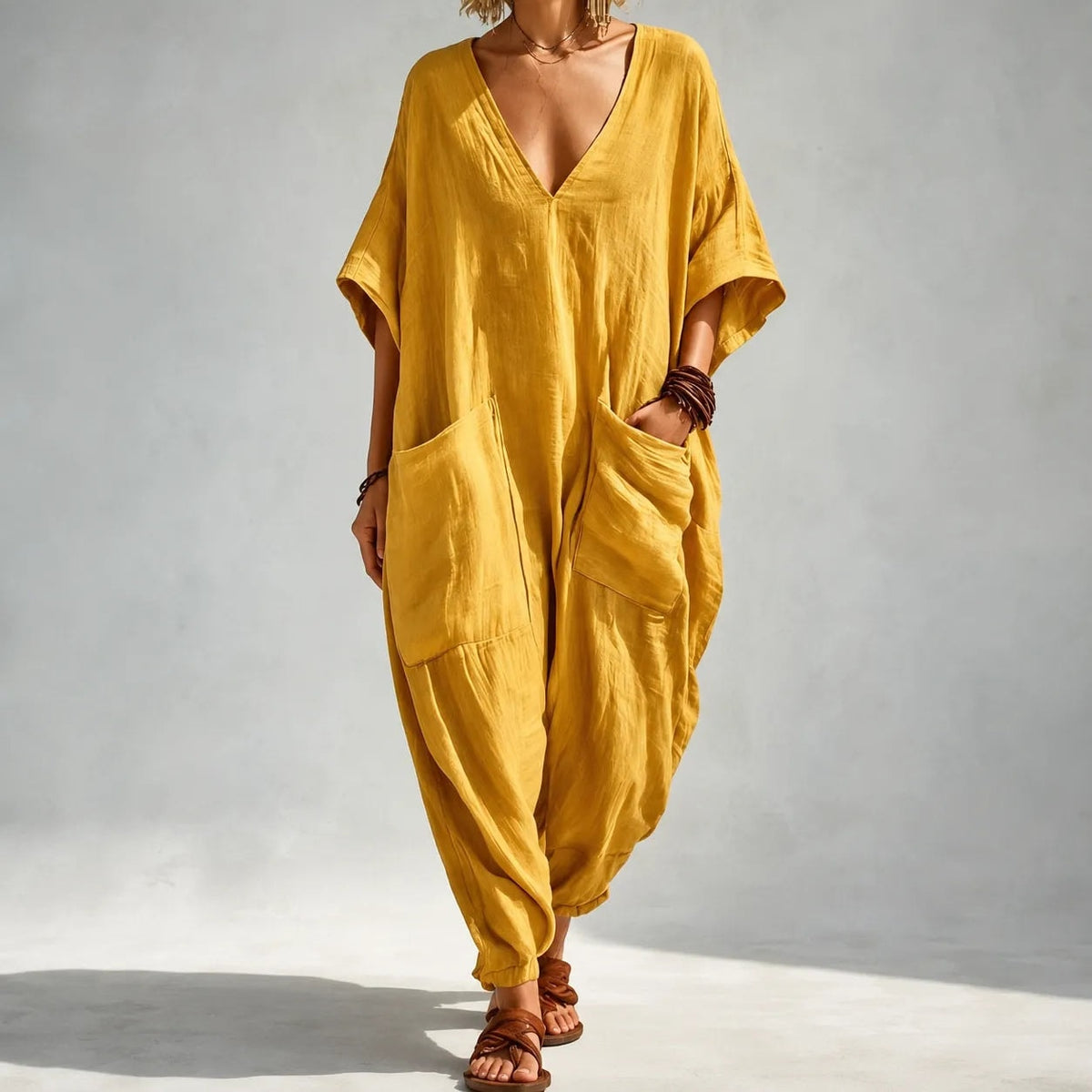 Women's Loose V-Neck Batwing Sleeve Jumpsuit with Deep Pockets
