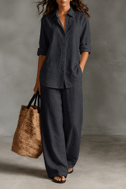 Women's Linen Shirt and Wide-Leg Tailored Trouser Two-Piece Set