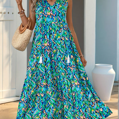 Women's Tiered Sleeveless Boho Maxi Dress with Tie Neck