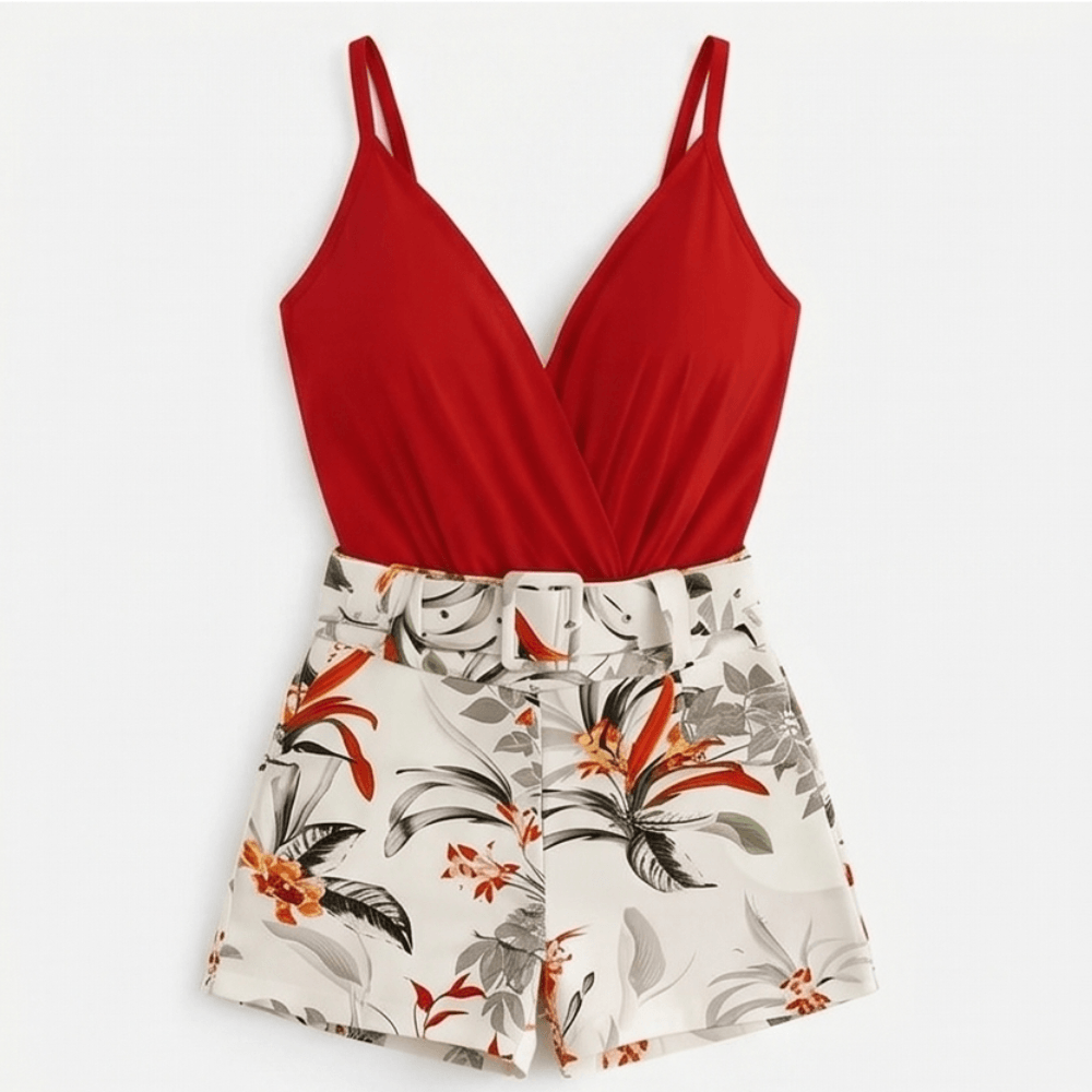 Wrap V-Neck Cami and Floral High-Waist Belted Shorts Set