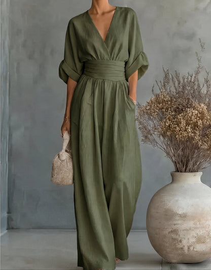 Linen V-Neck Wide-Leg Jumpsuit with Wrap Front and Short Sleeves