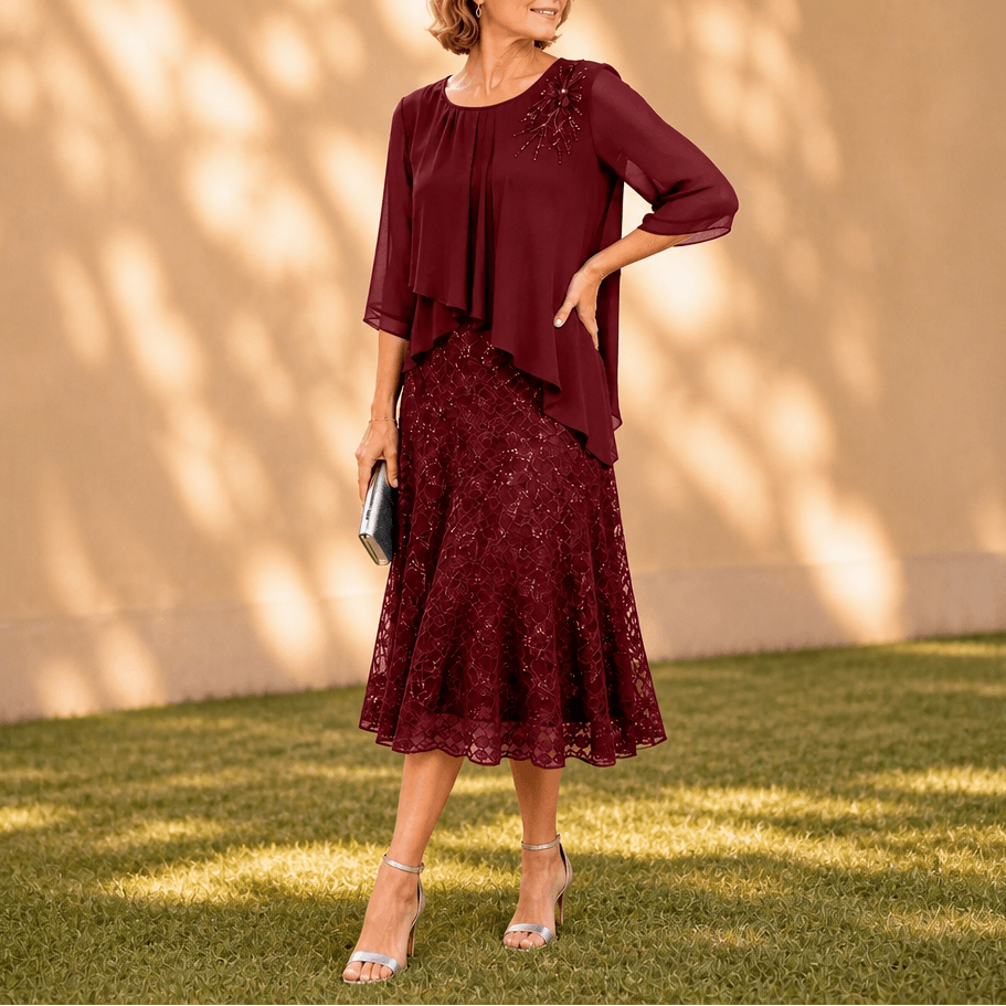 Elavine Layered Chiffon Lace Overlay Women's Midi Dress with Sheer Sleeves