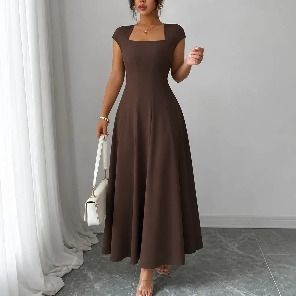 Elowyn Square Neck A-Line Women's Midi Dress with Sculpted Waist Seams