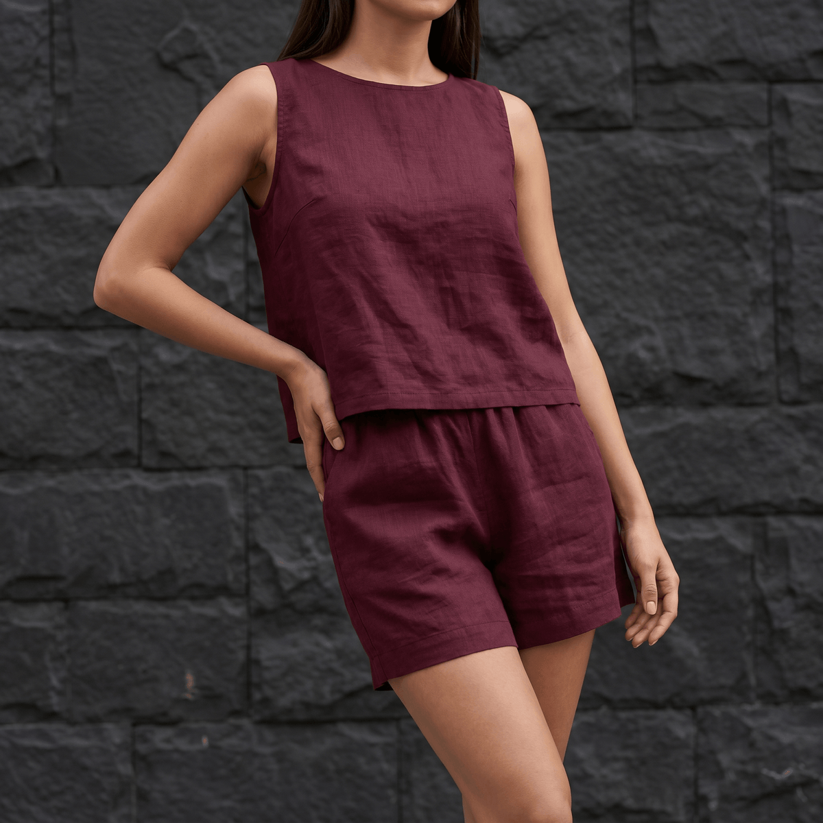 Women's V-Neck Linen-Look Top and Shorts Two Piece Set