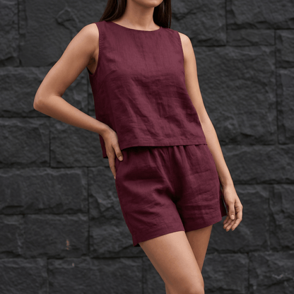 Women's V-Neck Linen-Look Top and Shorts Two Piece Set