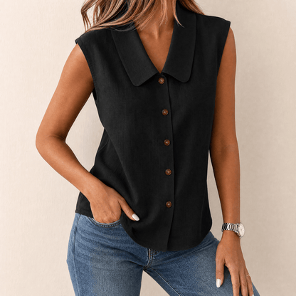 Women's Collared Sleeveless Button-Up Blouse with V-Neck