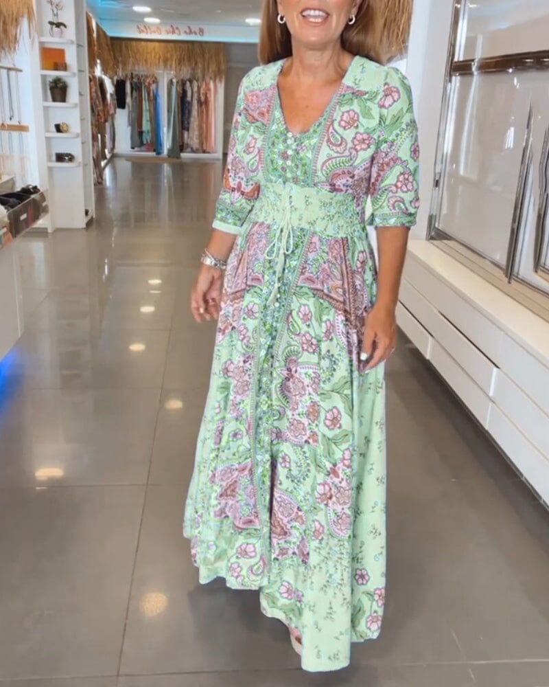 Alira Paisley Floral V-Neck Maxi Dress with Tie Waist for Women
