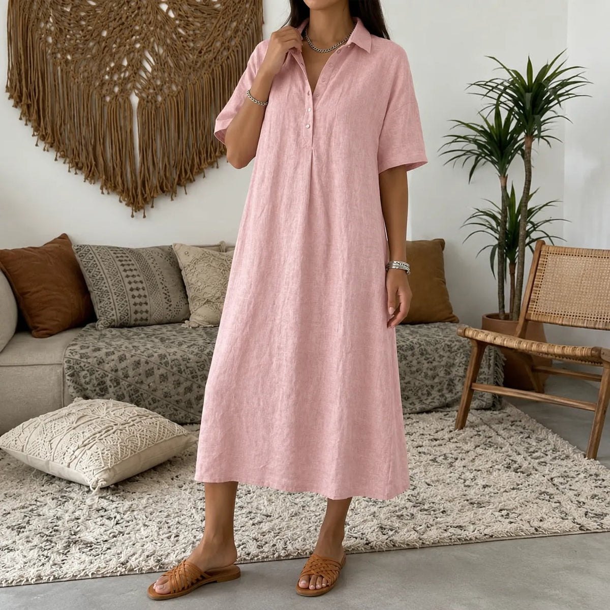 Lunavia Oversized Linen-Look Midi Summer Shirt Dress with Short Sleeves