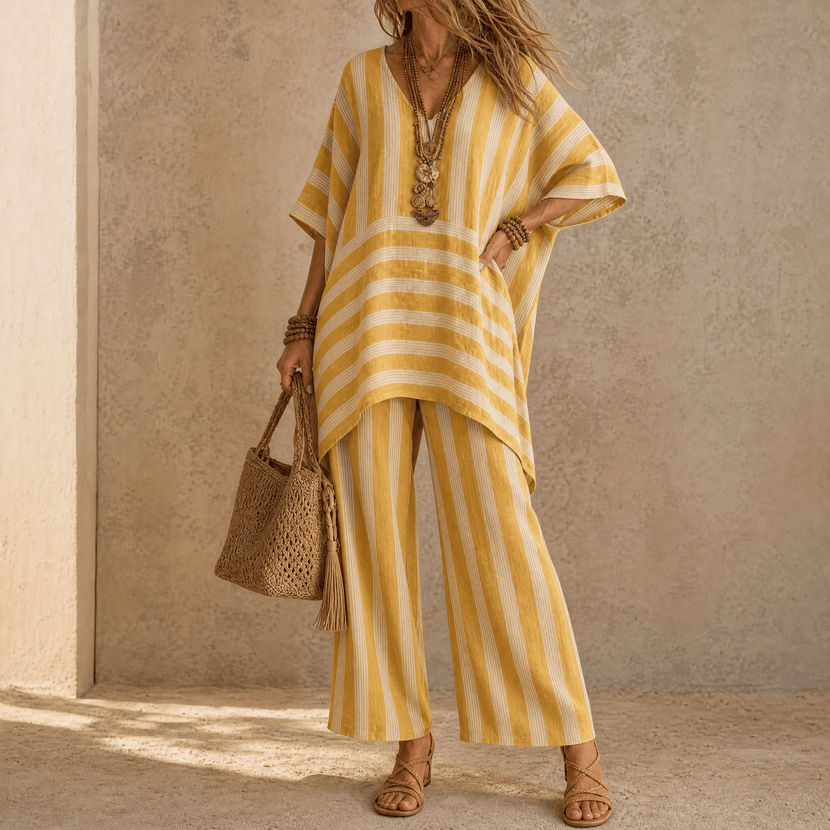 Iluma Striped Half-Sleeve Tunic Top for Women in Boho Style