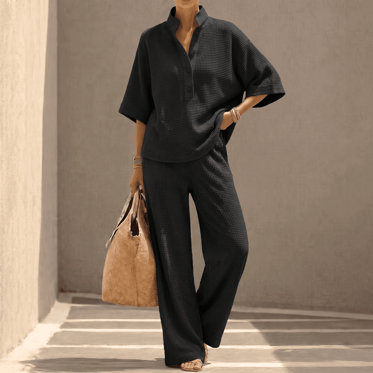 Vienelle Waffle-Knit Two-Piece Lounge Set with Wide-Leg Pants