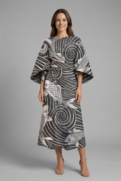 Floral Print Round Neck Women's Midi Dress with Wide Bell Sleeves