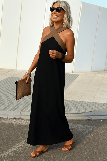 Sleeveless Crossover Halter Linen Summer Maxi Dress with Flowing Skirt
