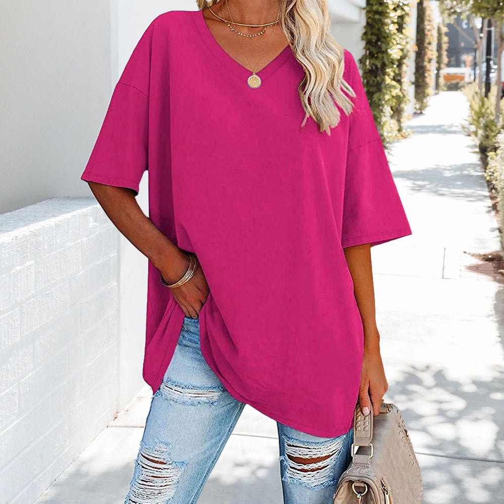 Oversized Cotton V-Neck Short Sleeve Top for Women