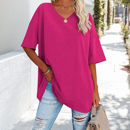Oversized Cotton V-Neck Short Sleeve Top for Women