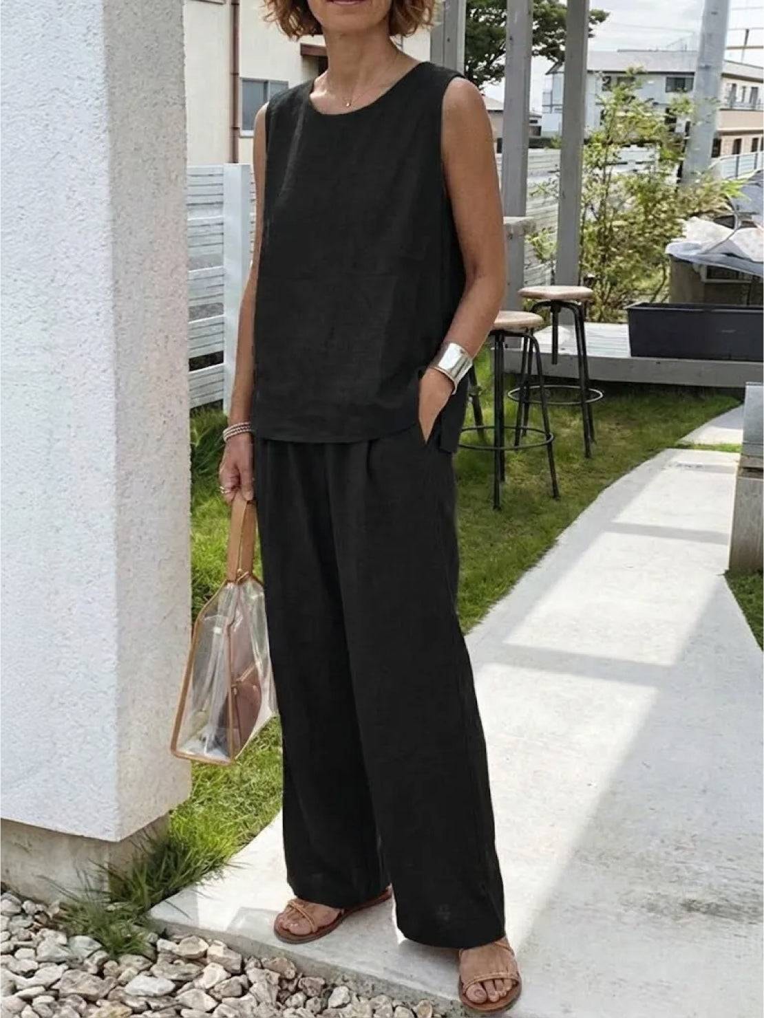 Sage Matching Linen Sleeveless Top and Wide-Leg Pants Two-Piece Set