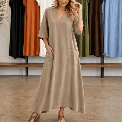 Marisole Loose-Fit V-Neck Maxi Dress with Deep Pockets and Side Slits