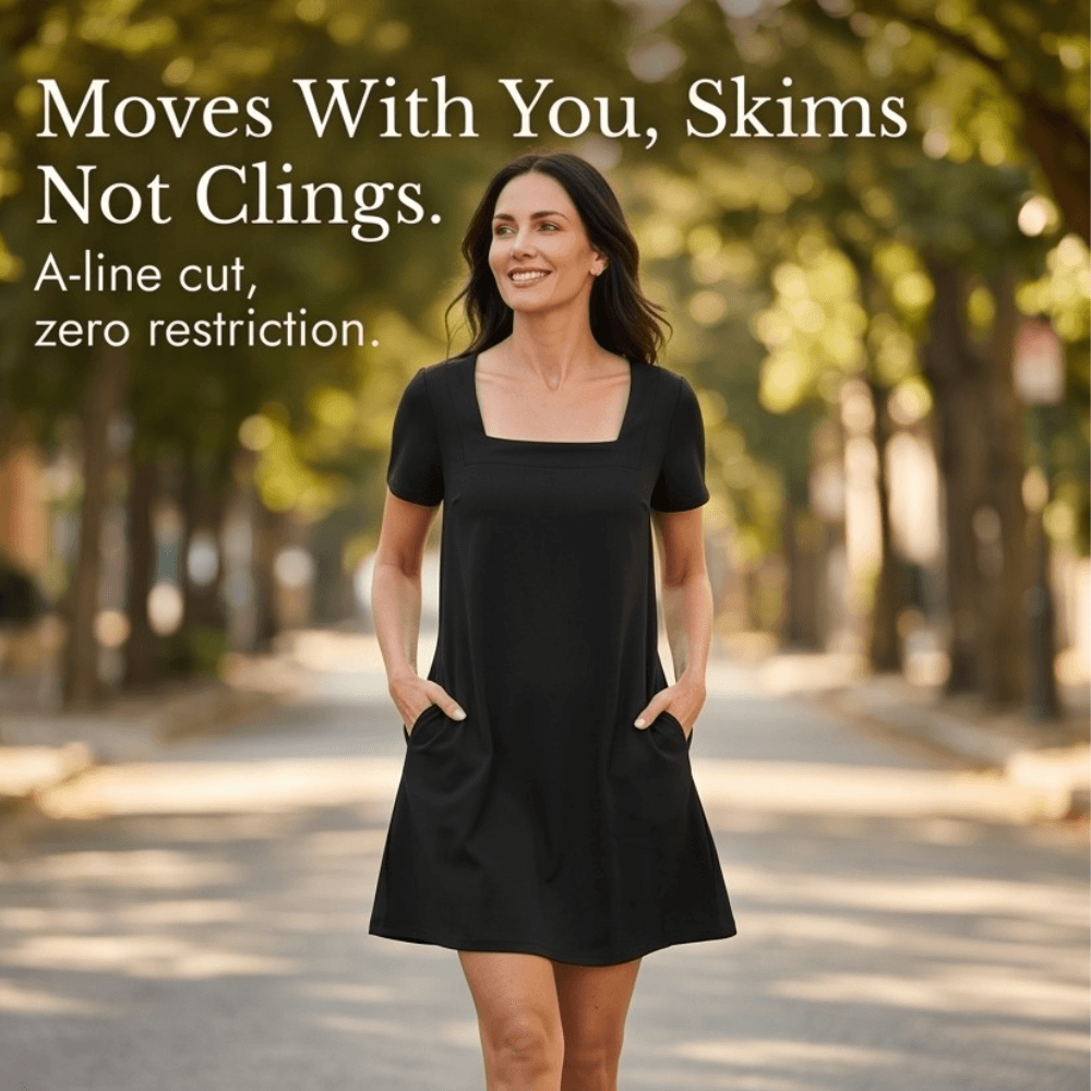 Square-Neck Cotton Blend Women's Midi Dress with Side Pockets