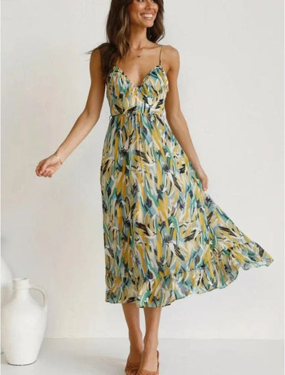 Sara Woven Midi Summer Dress with Abstract Floral Print and Tie Waist