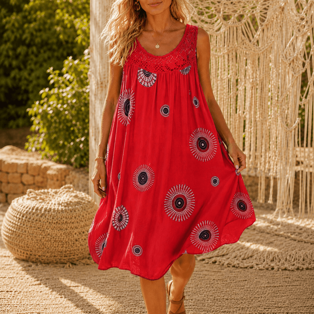 Women's Sleeveless Lace-Yoke A-Line Sundress with Sunburst Print