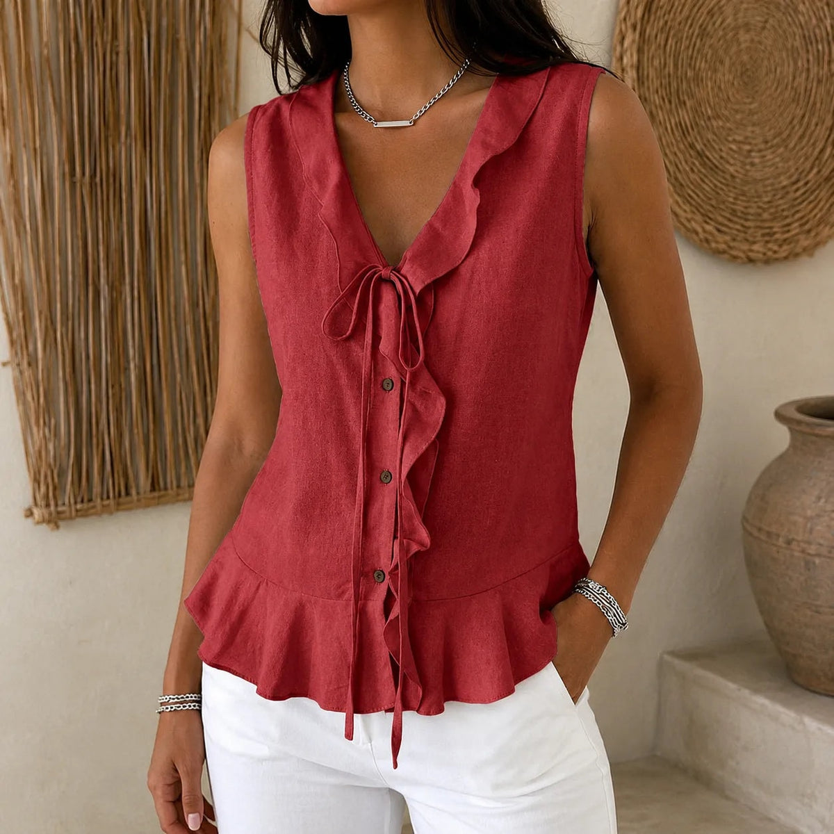 Ruffle V-Neck Peplum Top with Bow Tie for Women in Sleeveless Style